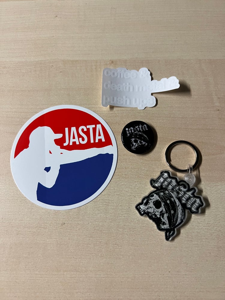 JASTA STICKER, PIN + KEYCHAIN BUNDLE.